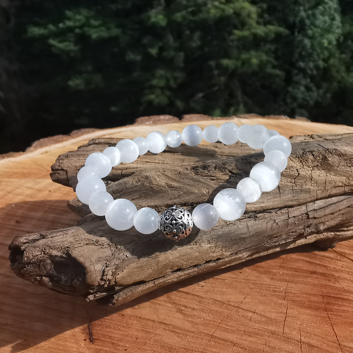 Edelstein Armband GEISTIGE STABILITÄT Selenit S925 Kugel 6-8mm