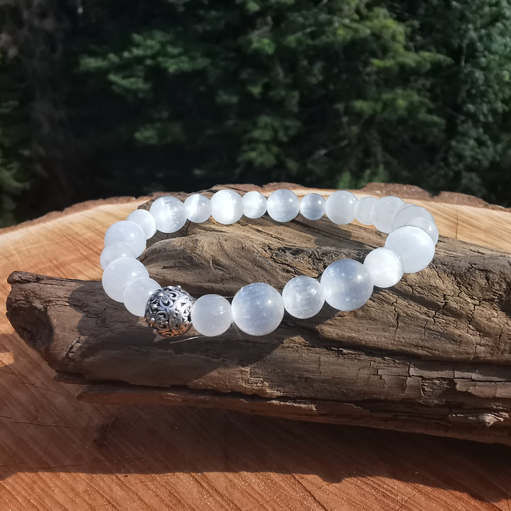 Edelstein Armband GEISTIGE STABILITÄT Selenit S925 Kugel 6-8mm