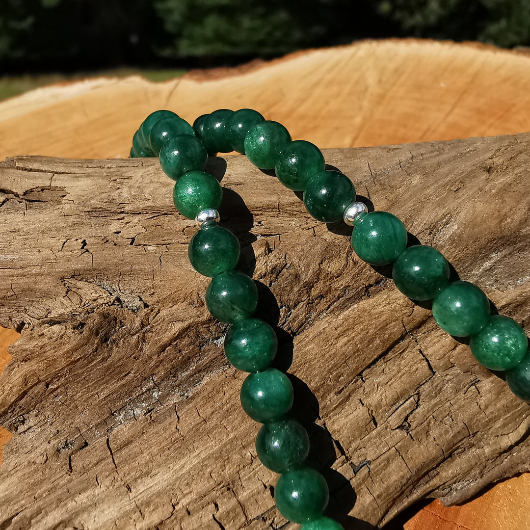 Edelsteinkette EMOTIONALE STÄRKE Grüner Kyanite AHORNBLATT S925 6mm Kugeln