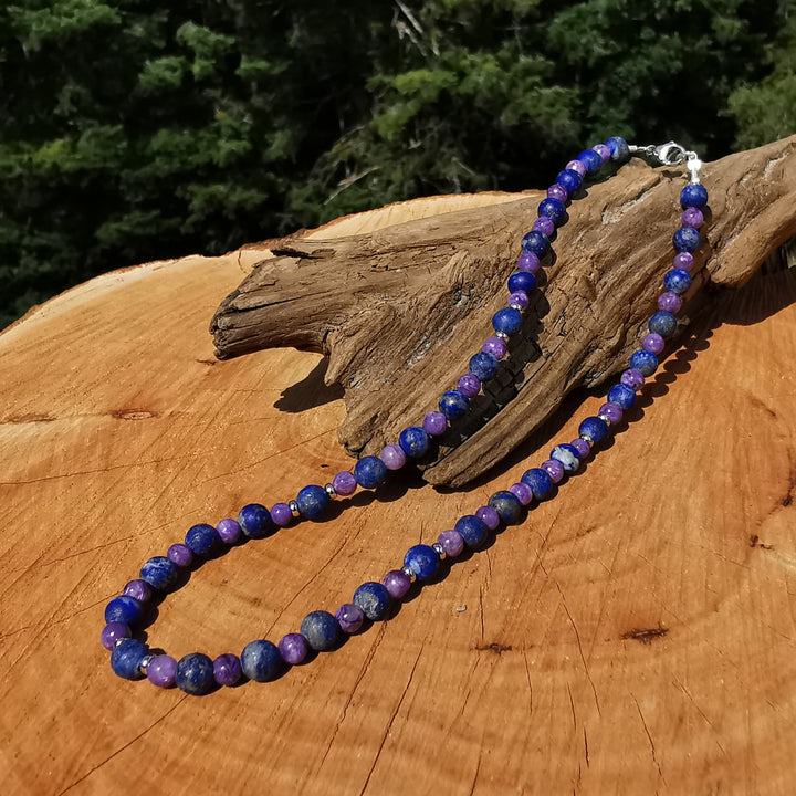 Edelsteinkette GELASSENHEIT BEDINGUNGSLOSE LIEBE WAHRHEIT Charoit & Lapislazuli Extraqualität 5-6mm Kugeln S925