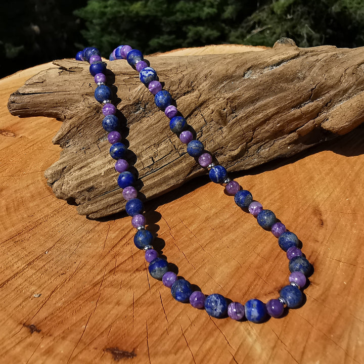 Edelsteinkette GELASSENHEIT BEDINGUNGSLOSE LIEBE WAHRHEIT Charoit & Lapislazuli Extraqualität 5-6mm Kugeln S925