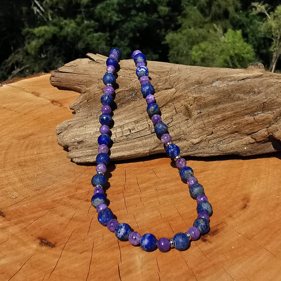 Edelsteinkette GELASSENHEIT BEDINGUNGSLOSE LIEBE WAHRHEIT Charoit & Lapislazuli Extraqualität 5-6mm Kugeln S925