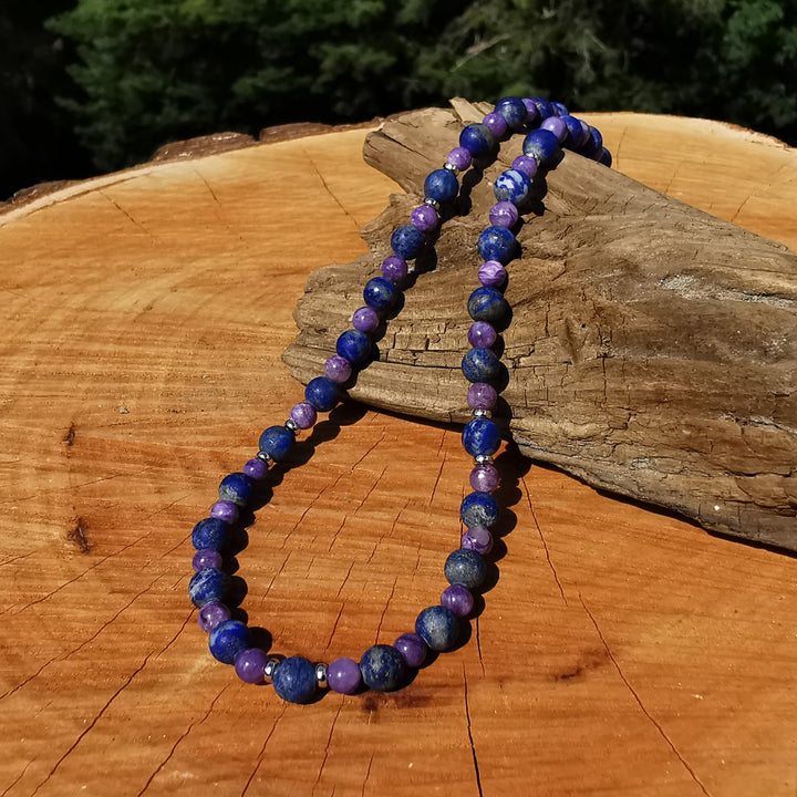 Edelsteinkette GELASSENHEIT BEDINGUNGSLOSE LIEBE WAHRHEIT Charoit & Lapislazuli Extraqualität 5-6mm Kugeln S925