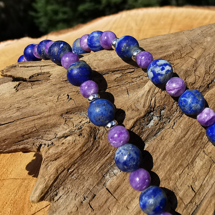 Edelsteinkette GELASSENHEIT BEDINGUNGSLOSE LIEBE WAHRHEIT Charoit & Lapislazuli Extraqualität 5-6mm Kugeln S925