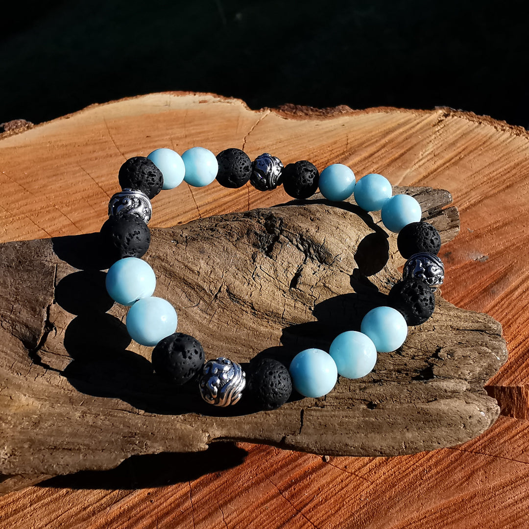 Edelstein Armband SELBSTACHTUNG mit Hemimorphit & Lava S925 Wirbelkugeln 8mm