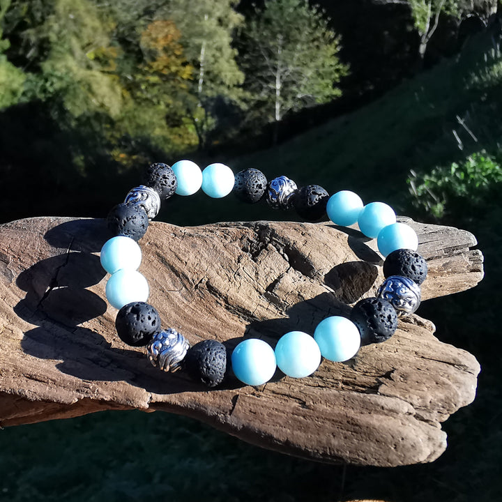 Edelstein Armband SELBSTACHTUNG mit Hemimorphit & Lava S925 Wirbelkugeln 8mm