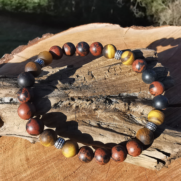 Edelstein Herren Armband MUT & ZUVERSICHT Mahagoni Obsidian Tigerauge S925 8mm