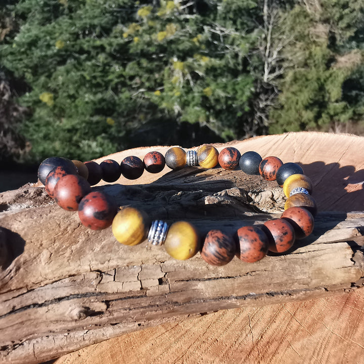 Edelstein Herren Armband MUT & ZUVERSICHT Mahagoni Obsidian Tigerauge S925 8mm