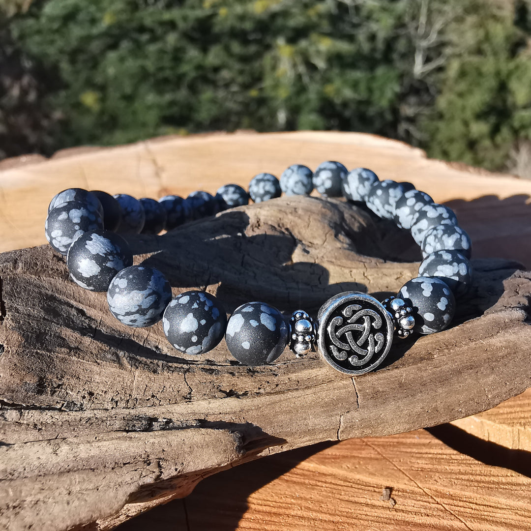 Edelstein Herren Armband INTEGRITÄT Schneeflocken Obsidian S925 keltischer Flechtknoten 8mm