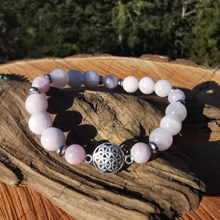Edelstein Armband ZENTRIERUNG & AURA SCHUTZ Kunzit Lebensblume S925 6-8mm