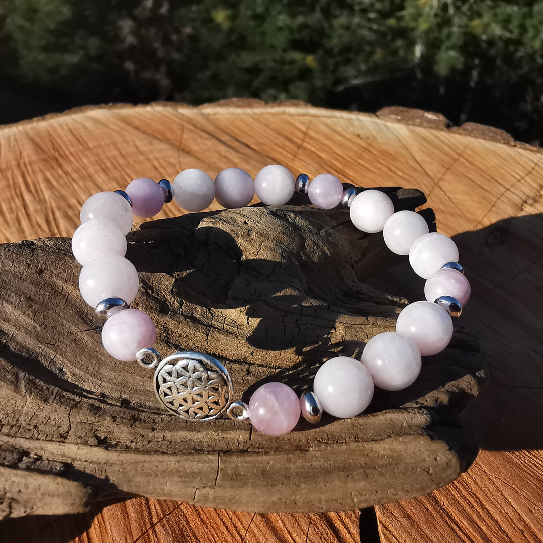 Edelstein Armband ZENTRIERUNG & AURA SCHUTZ Kunzit Lebensblume S925 6-8mm