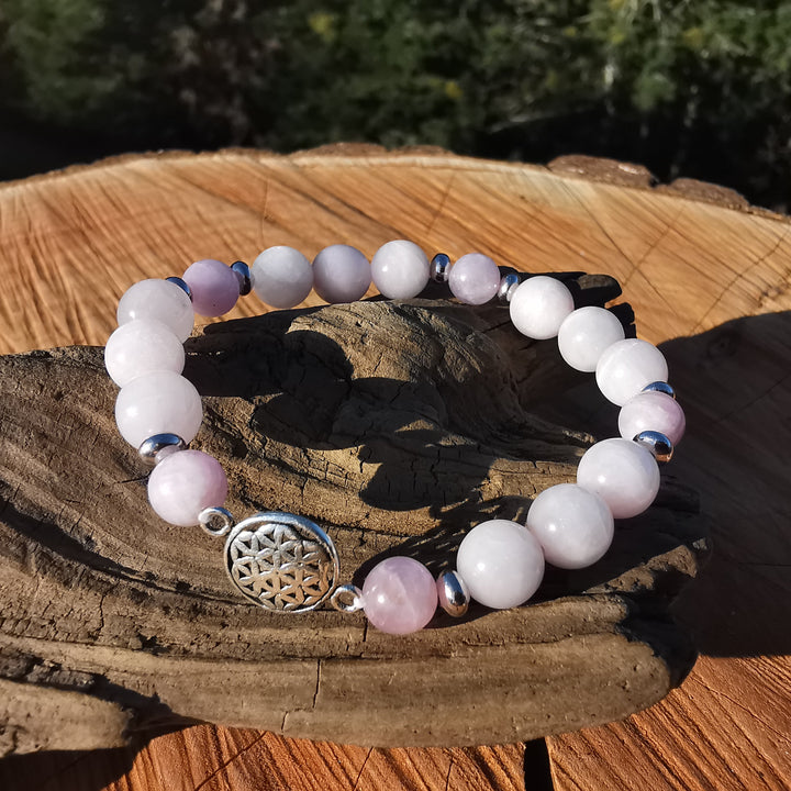 Edelstein Armband ZENTRIERUNG & AURA SCHUTZ Kunzit Lebensblume S925 6-8mm
