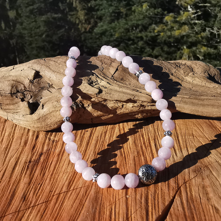 Edelsteinkette ZENTRIERUNG & AURASCHUTZ mit KUNZIT Lebensblume 6mm Kugeln S925