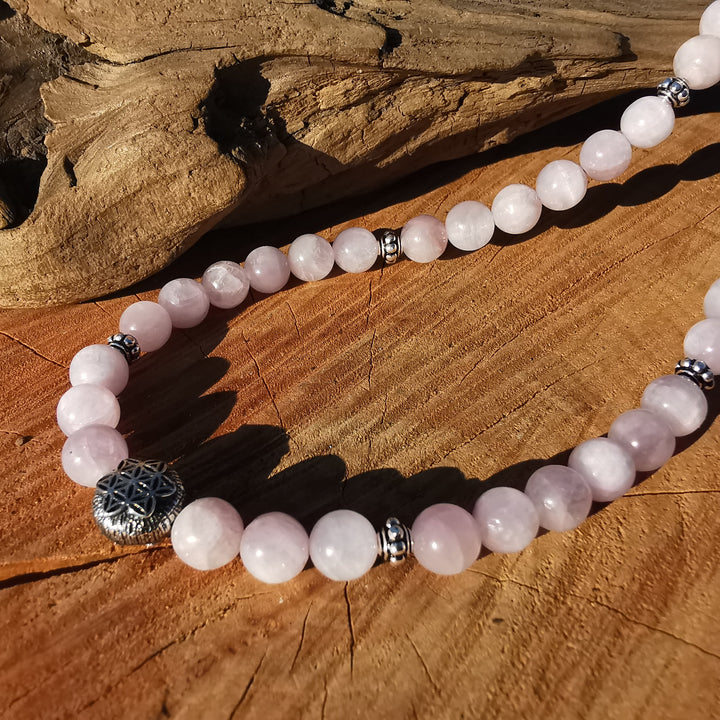 Edelsteinkette ZENTRIERUNG & AURASCHUTZ mit KUNZIT Lebensblume 6mm Kugeln S925