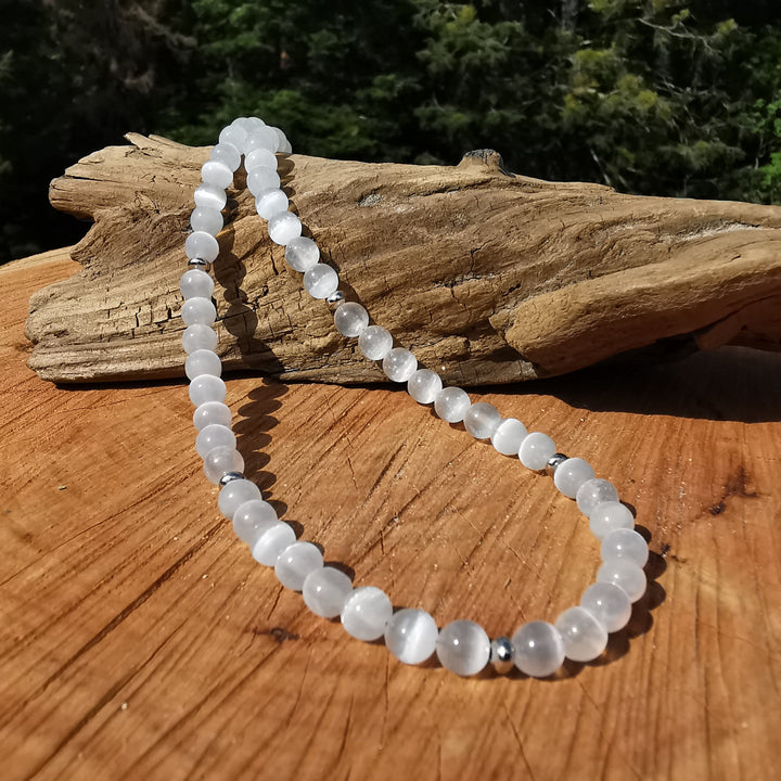 Edelsteinkette GEISTIGE STABILITÄT mit Selenit 6mm Kugeln S925