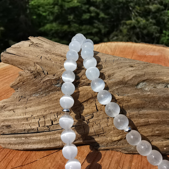 Edelsteinkette GEISTIGE STABILITÄT mit Selenit 6mm Kugeln S925