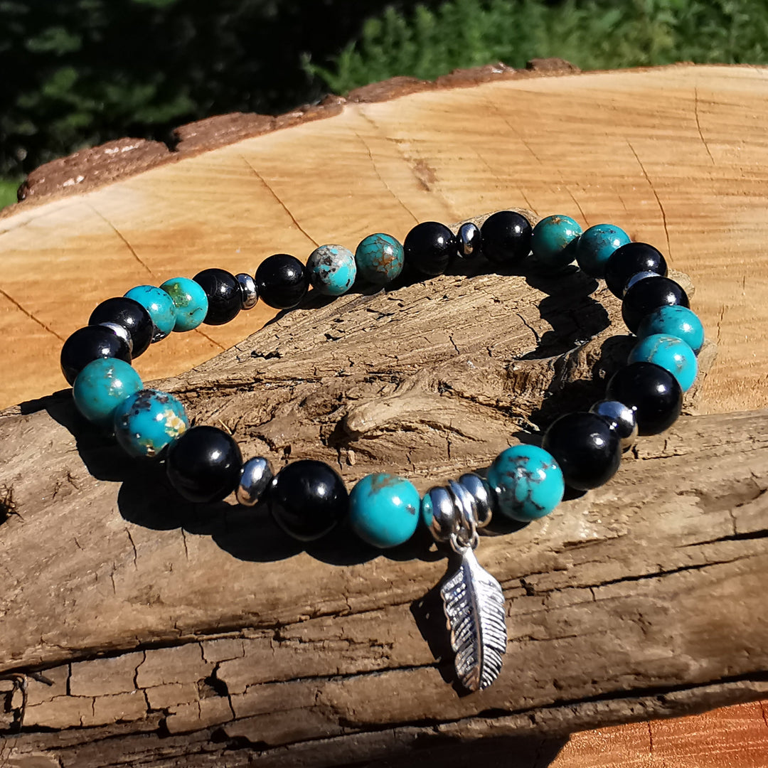 Edelstein Armband SCHUTZ & SEELENFRIEDEN Arizona Tükis Schwarzer Tumalin Feder Charm 6mm