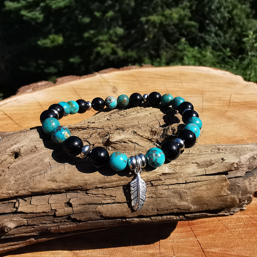 Edelstein Armband SCHUTZ & SEELENFRIEDEN Arizona Tükis Schwarzer Tumalin Feder Charm 6mm