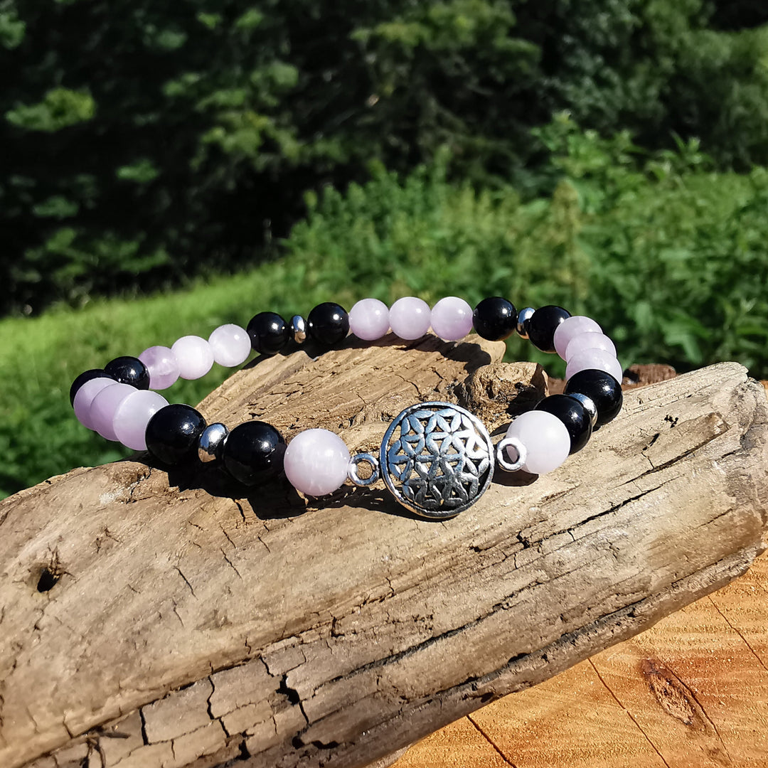 Edelstein Armband ZENTRIERUNG & SCHUTZ Kunzit Schwarzer Turmalin Lebensblume S925 6mm