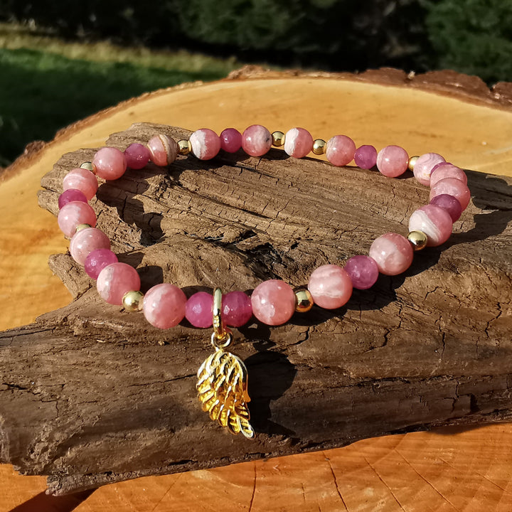 Edelstein Armband LIEBE & TREUE mit Rhodochrosit & Rubin in EXTRAQUALITÄT Engelsflügel S925vergoldet 6mm