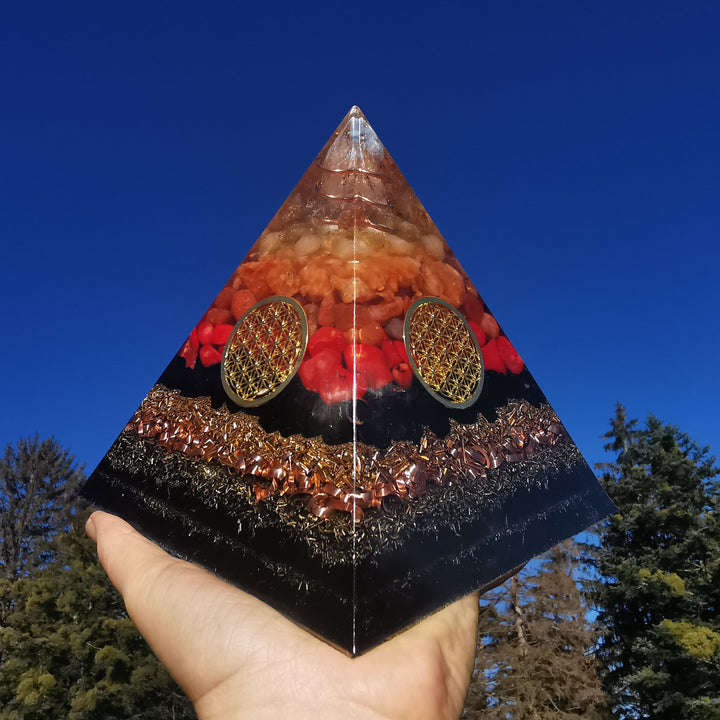 Orgone Pyramide HOFFNUNG & KRAFT Citrin Orangen-& Feuercalcit Karneol Rote Koralle →14.5cm ↑14.5cm
