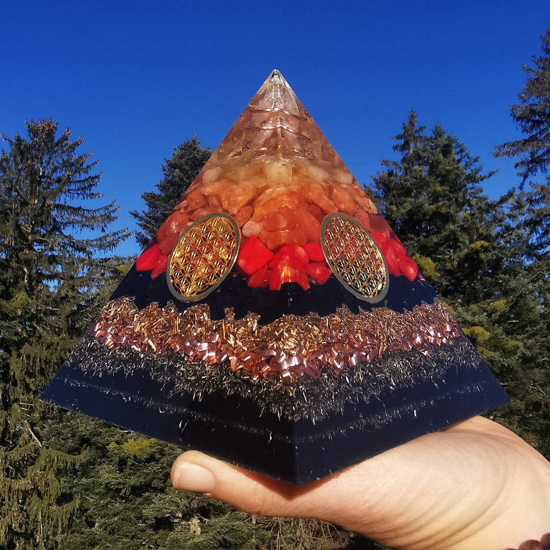 Orgone Pyramide HOFFNUNG & KRAFT Citrin Orangen-& Feuercalcit Karneol Rote Koralle →14.5cm ↑14.5cm