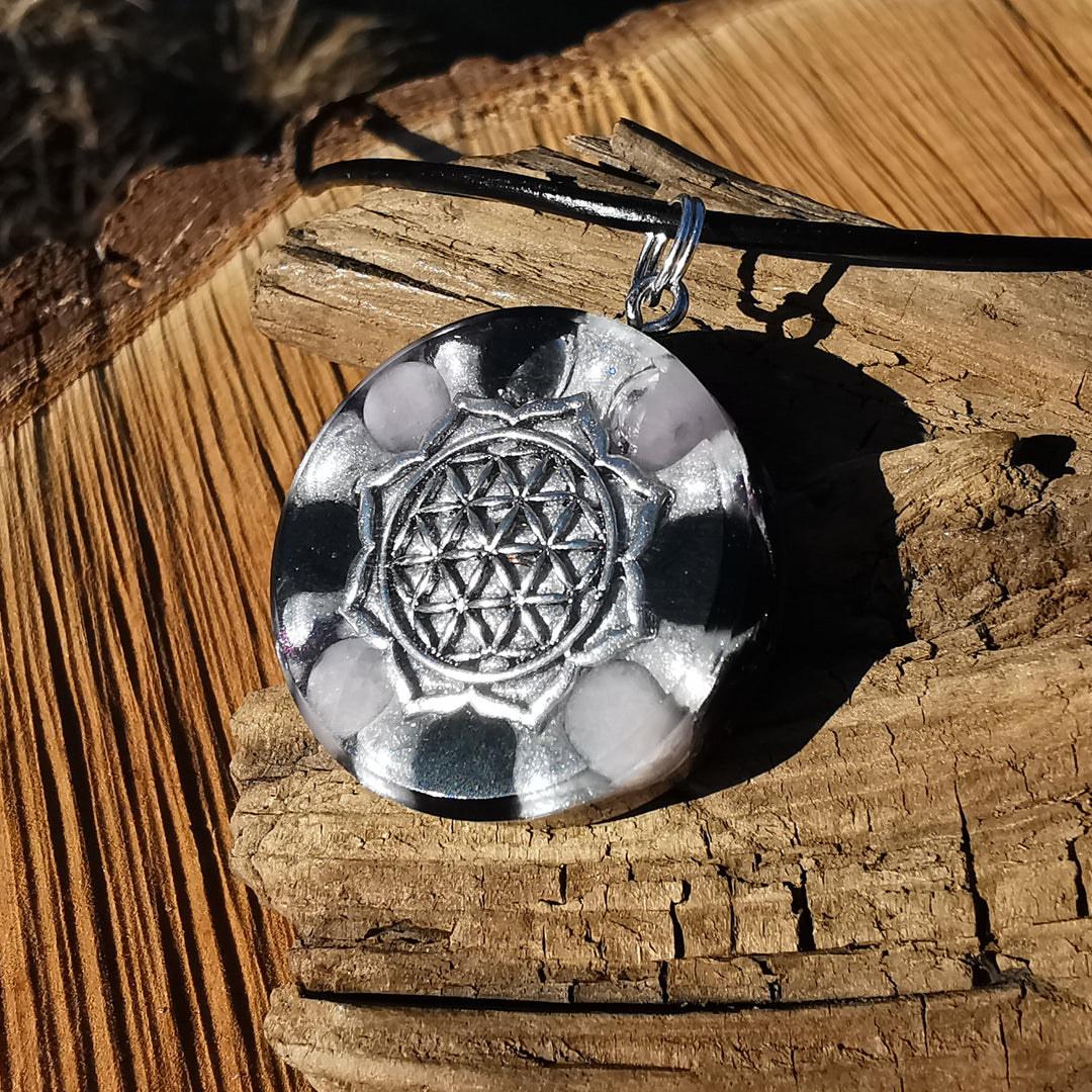 Orgone Anhänger AURA SCHUTZ Kunzit Schwarzer Turmalin Lebensblume S925 Spaltring ⌀3cm ↑1cm