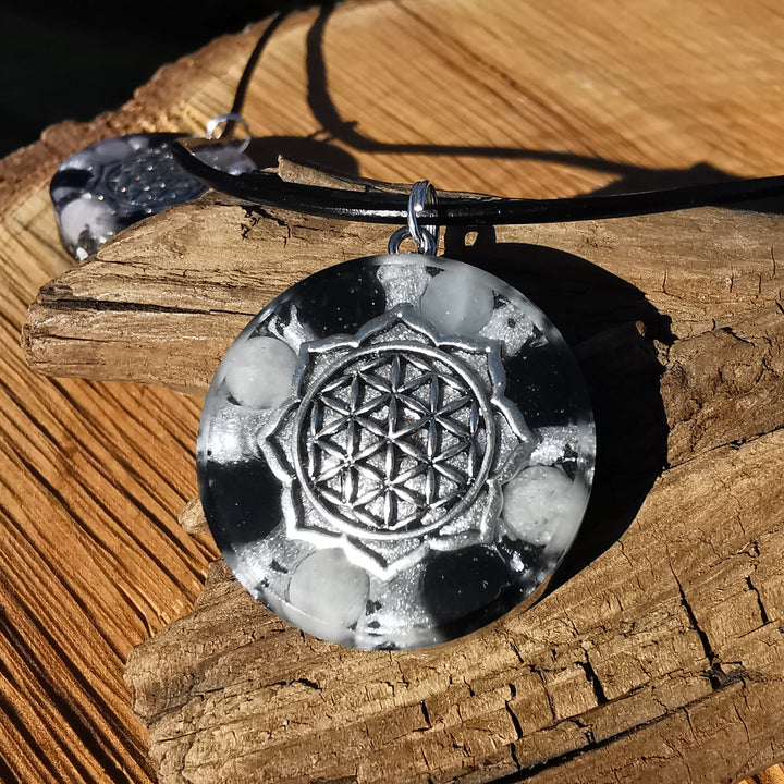 Orgone Anhänger BEFREIUNG & EMF SCHUTZ Baryt Schwarzer Turmalin Edelschungit Lebensblume S925 Spaltring ⌀3cm ↑1cm