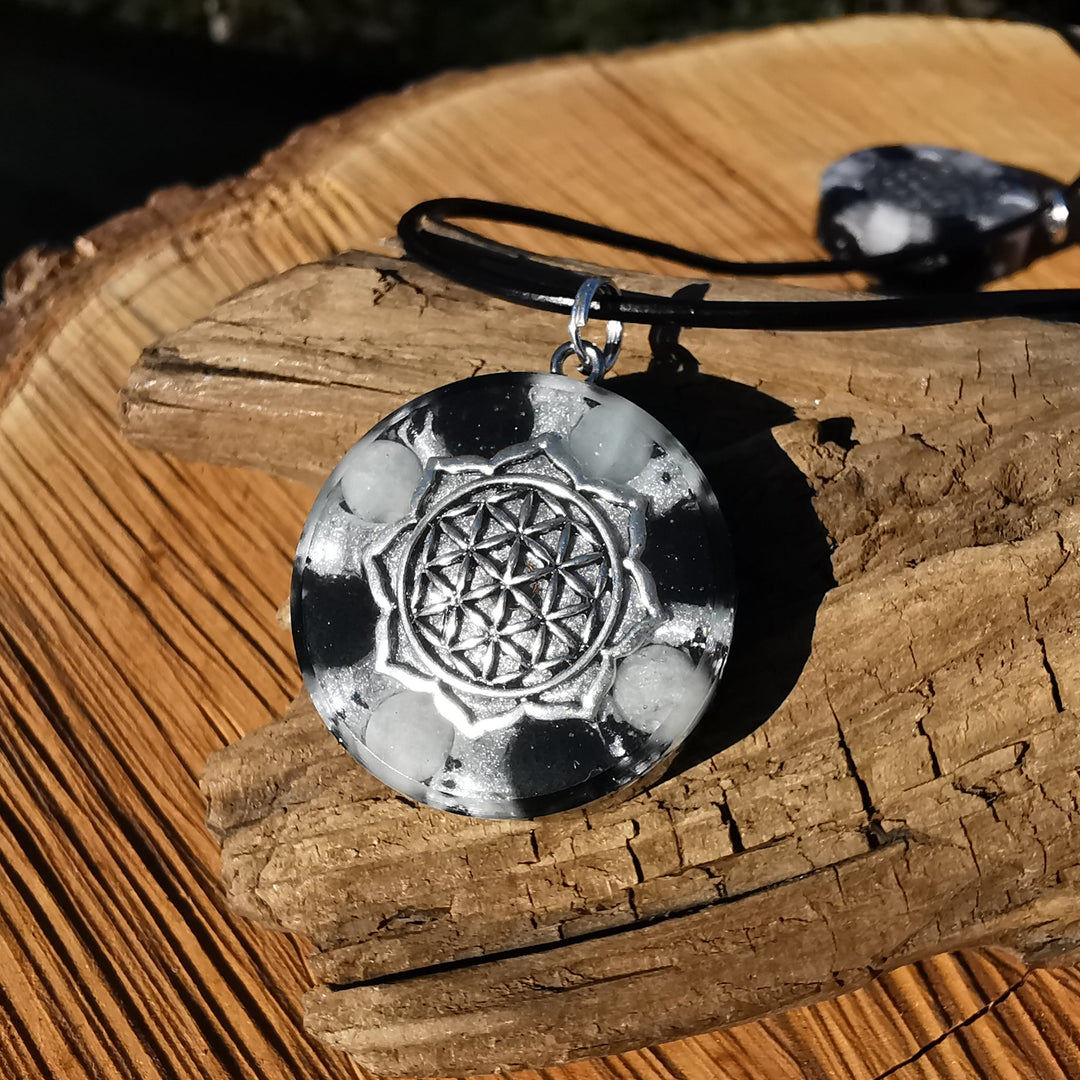 Orgone Anhänger BEFREIUNG & EMF SCHUTZ Baryt Schwarzer Turmalin Edelschungit Lebensblume S925 Spaltring ⌀3cm ↑1cm