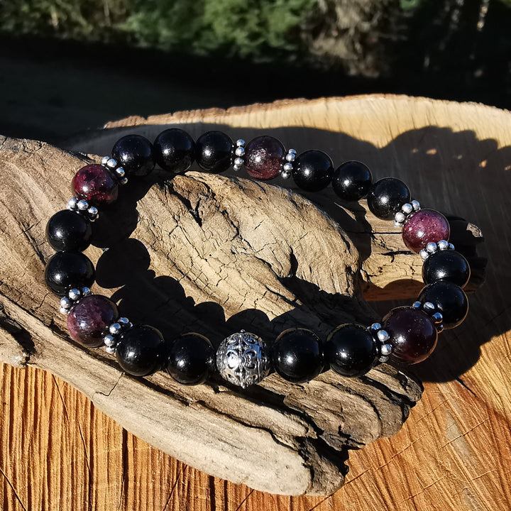 Edelstein Armband ENERGETISCHER SCHUTZ Granat Schwarzer Turmalin S925 Kugel 8mm