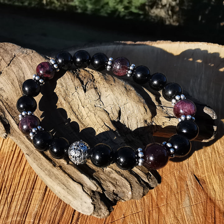 Edelstein Armband ENERGETISCHER SCHUTZ Granat Schwarzer Turmalin S925 Kugel 8mm