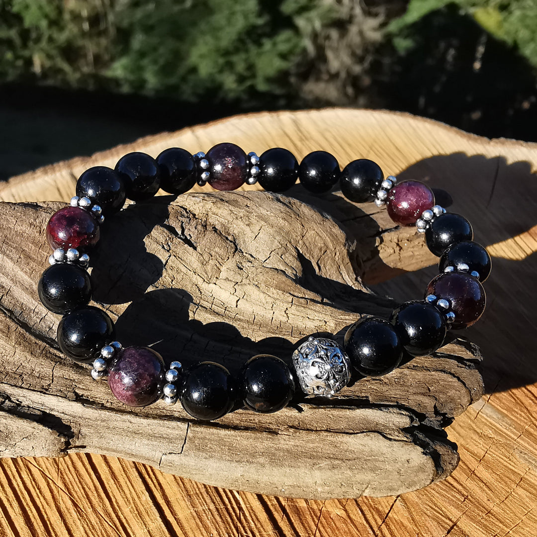 Edelstein Armband ENERGETISCHER SCHUTZ Granat Schwarzer Turmalin S925 Kugel 8mm