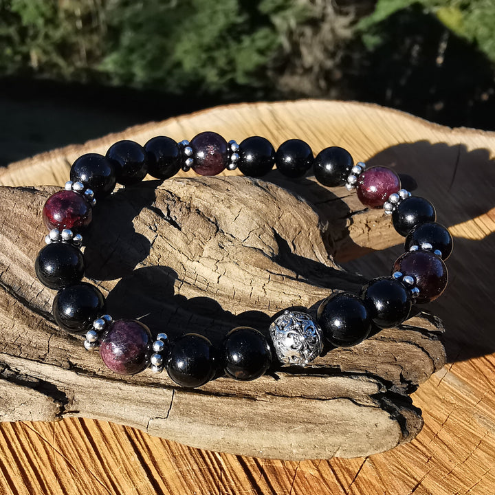 Edelstein Armband ENERGETISCHER SCHUTZ Granat Schwarzer Turmalin S925 Kugel 8mm