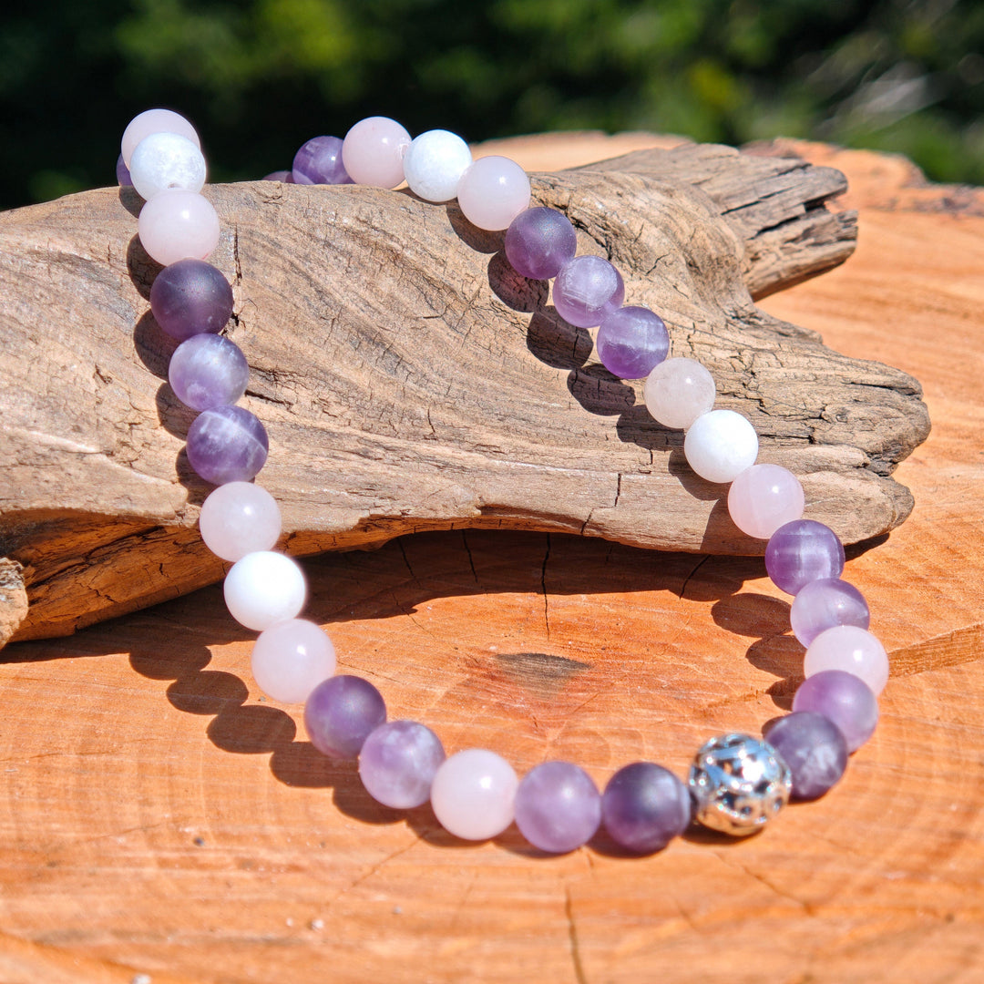 Edelsteinkette INNERER FRIEDEN Amethyst Baryt Rosenquarz 8mm Kugeln S925