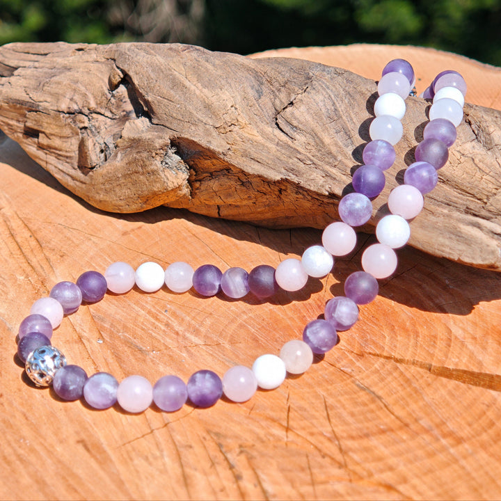 Edelsteinkette INNERER FRIEDEN Amethyst Baryt Rosenquarz 8mm Kugeln S925