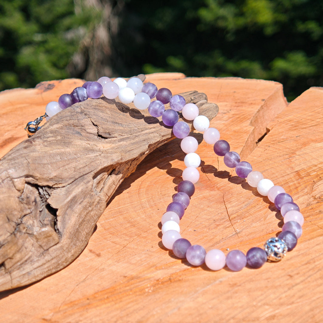 Edelsteinkette INNERER FRIEDEN Amethyst Baryt Rosenquarz 8mm Kugeln S925