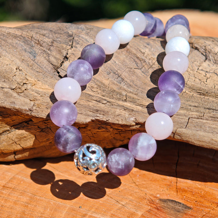 Edelsteinkette INNERER FRIEDEN Amethyst Baryt Rosenquarz 8mm Kugeln S925