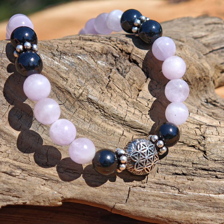 Edelsteinkette ZENTRIERUNG & SCHUTZ mit KUNZIT SCHWARZEM TURMALIN Lebensblume 6mm Kugeln S925