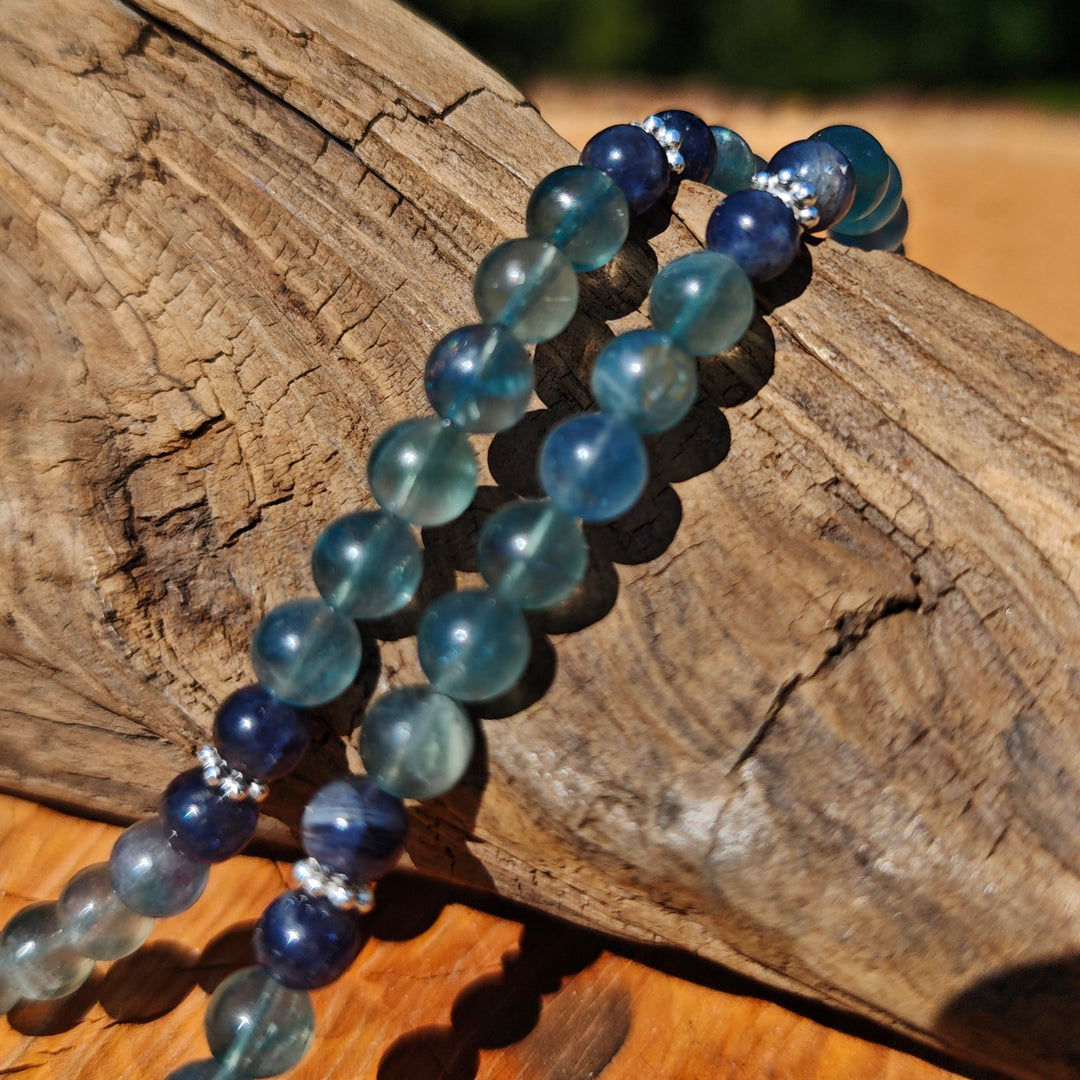 Edelsteinkette STRESSLESS FOKUSSIERUNG Fluorit Wassersaphir 6mm Kugeln S925