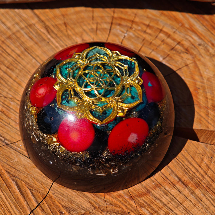 Hemisphäre SCHUTZ "Indian Style" UNIKATE mit TÜRKIS ROTER KORALLE TURMALIN 7cm