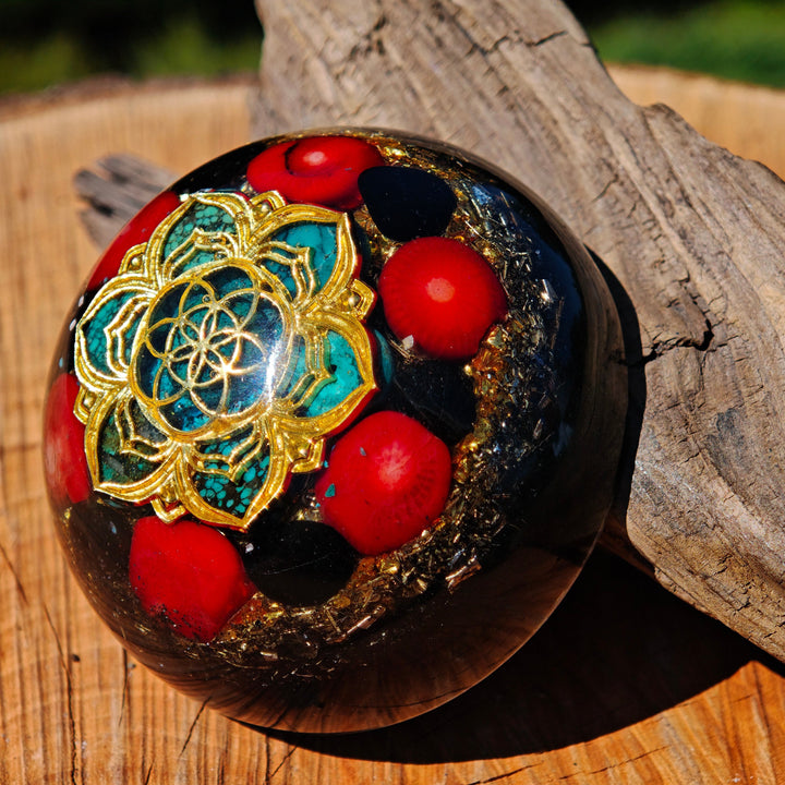 Hemisphäre SCHUTZ "Indian Style" UNIKATE mit TÜRKIS ROTER KORALLE TURMALIN 7cm