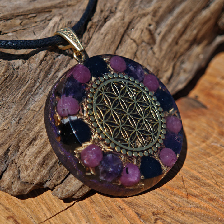 Orgone Anhänger LICHTFUNKE Rubin Granat Schwarzer Turmalin Edelschungit Lebensblume S925 Schlaufe ⌀4cm ↑1cm (Kopie)