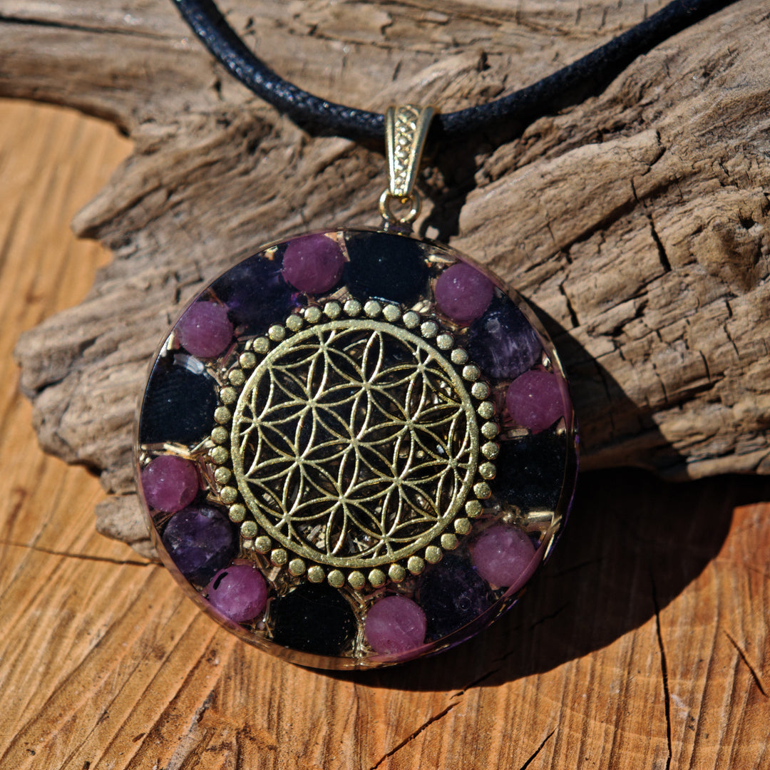 Orgone Anhänger LICHTFUNKE Rubin Granat Schwarzer Turmalin Edelschungit Lebensblume S925 Schlaufe ⌀4cm ↑1cm (Kopie)