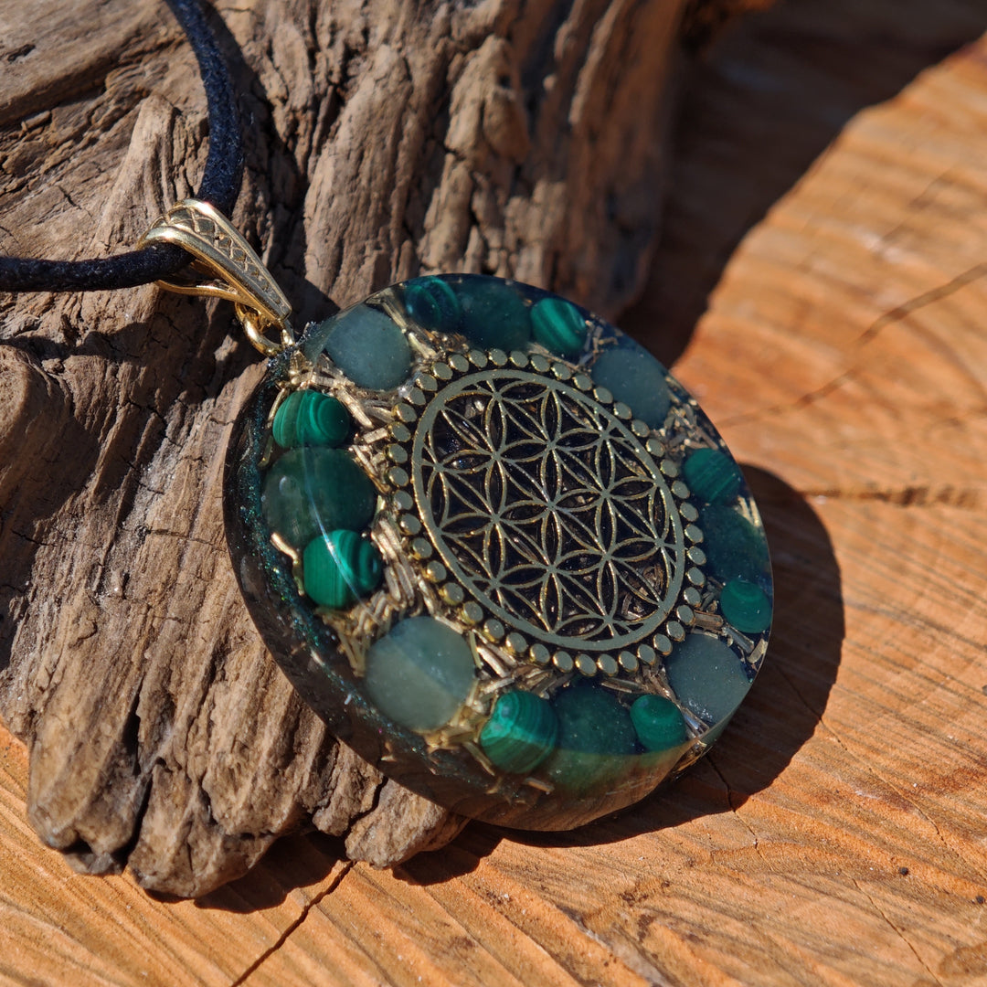 Orgone Anhänger NEUBEGINN Malachit Smaragd Aventurin Edelschungit Lebensblume S925 Schlaufe ⌀4cm ↑1cm