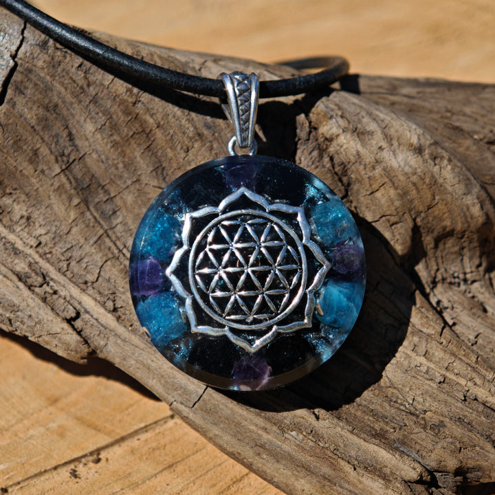 Orgone Anhänger PSYCHISCHE STÄRKE & SCHUTZ Apatit Schwarzer Turmalin Amethyst Edelschungit Lebensblume S925 Schlaufe ⌀3cm ↑1cm