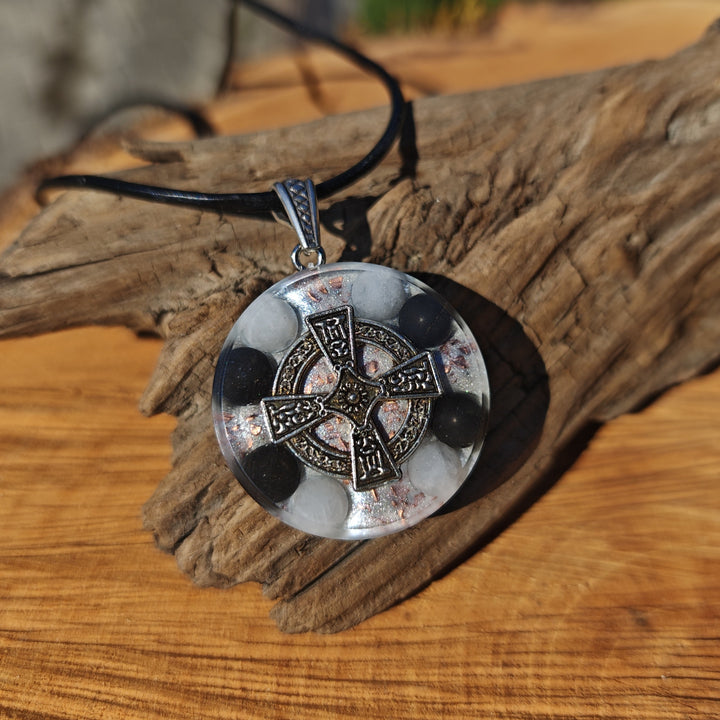 Orgone Anhänger BEFREIUNG & EMF SCHUTZ Baryt Schwarzer Turmalin Edelschungit Kelten Kreuz S925 Schlaufe ⌀3cm ↑1cm