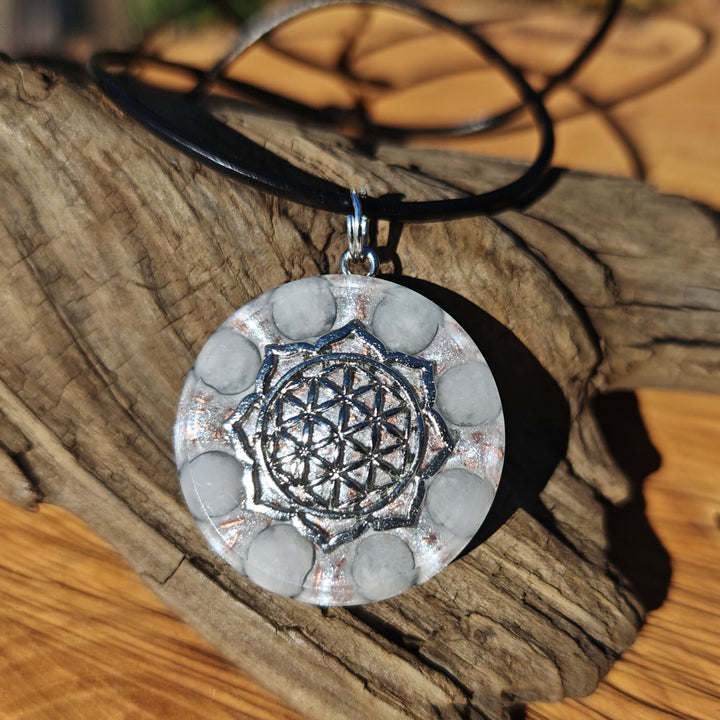 Orgone Anhänger BEFREIUNG Baryt Edelschungit Lebensblume S925 Spaltring ⌀3cm ↑1cm