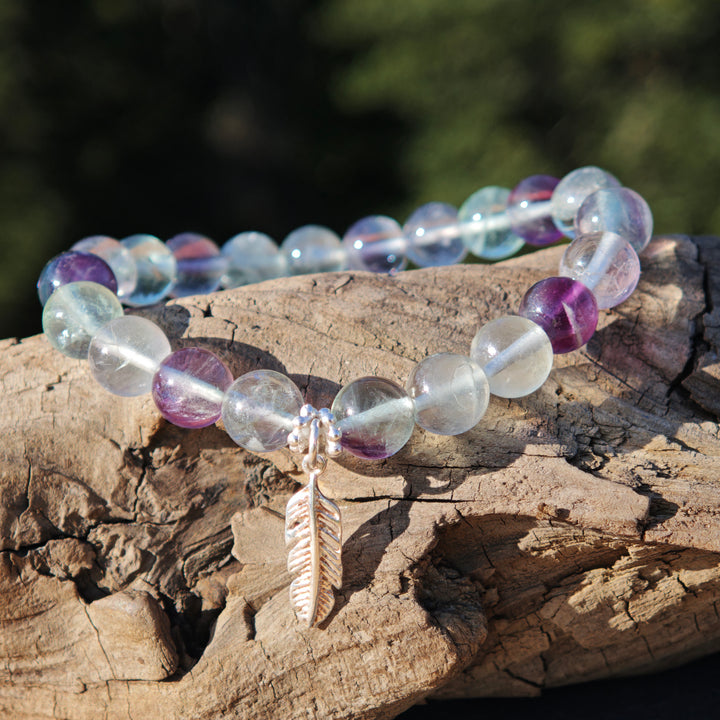 Edelstein Armband FOKUSSIERUNG Regenbogen Fluorit AA Feder S925 8mm