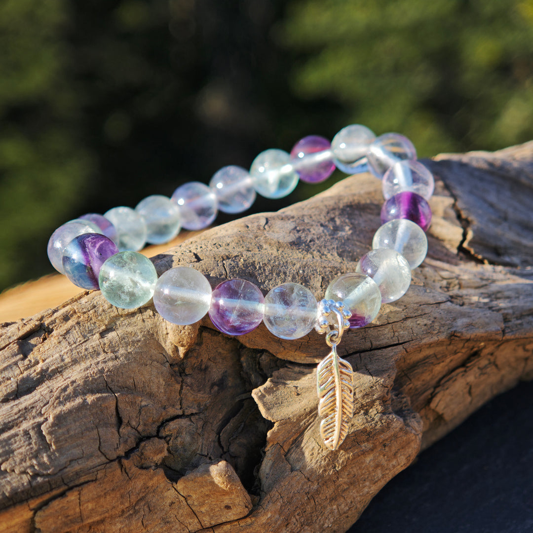 Edelstein Armband FOKUSSIERUNG Regenbogen Fluorit AA Feder S925 8mm