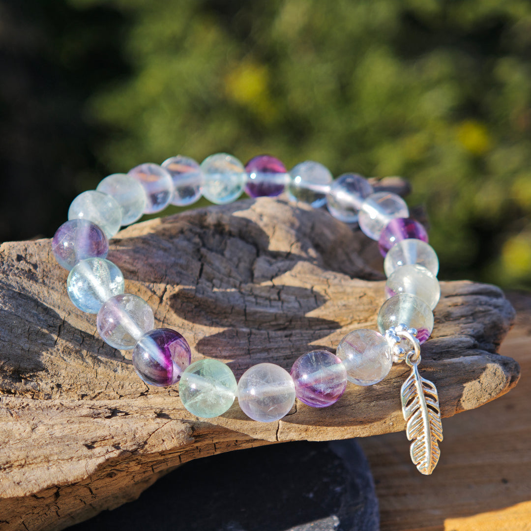 Edelstein Armband FOKUSSIERUNG Regenbogen Fluorit AA Feder S925 8mm